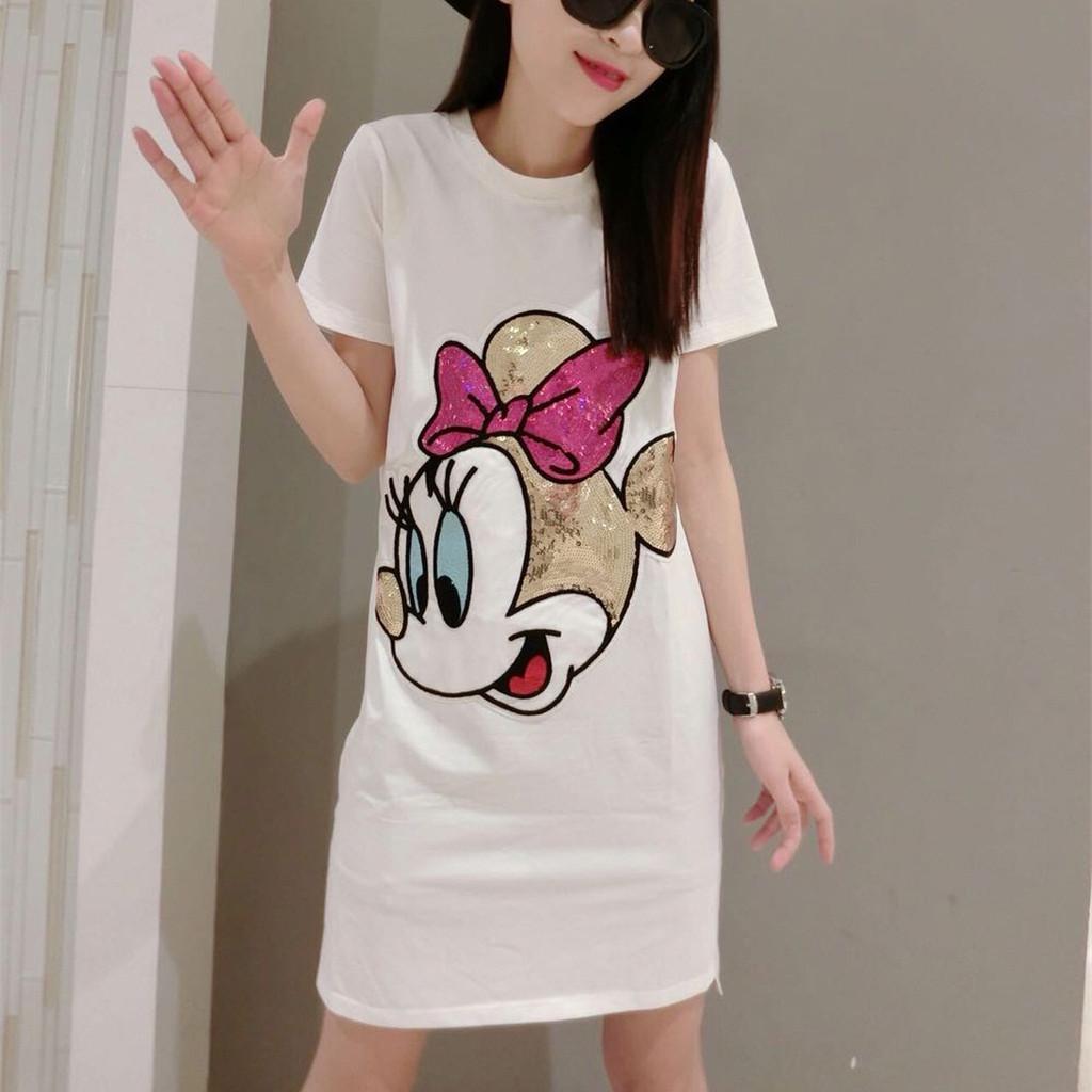Summer New Loose Large Size Cartoon Sequins Short-sleeved T-shirt Dress Female