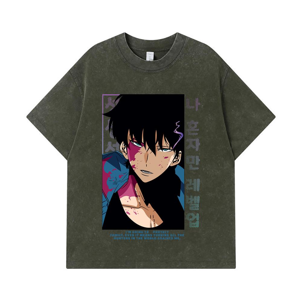 275 GSM Washed T-shirts 100% Cotton Solo Leveling V8 Print Unisex Heavy Cotton T Shirt