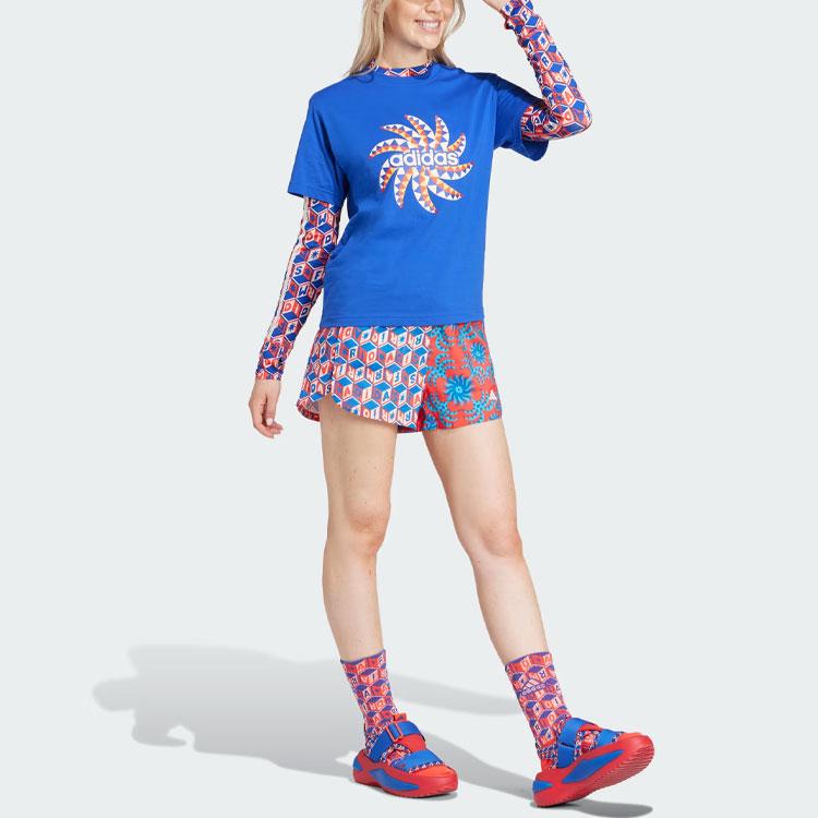 adidas X Farm Rio Коллаборация Письмо Геометрический принт Круглый вырез Короткий рукав Футболка с приспущенным плечом Женская футболка Синяя IQ4485