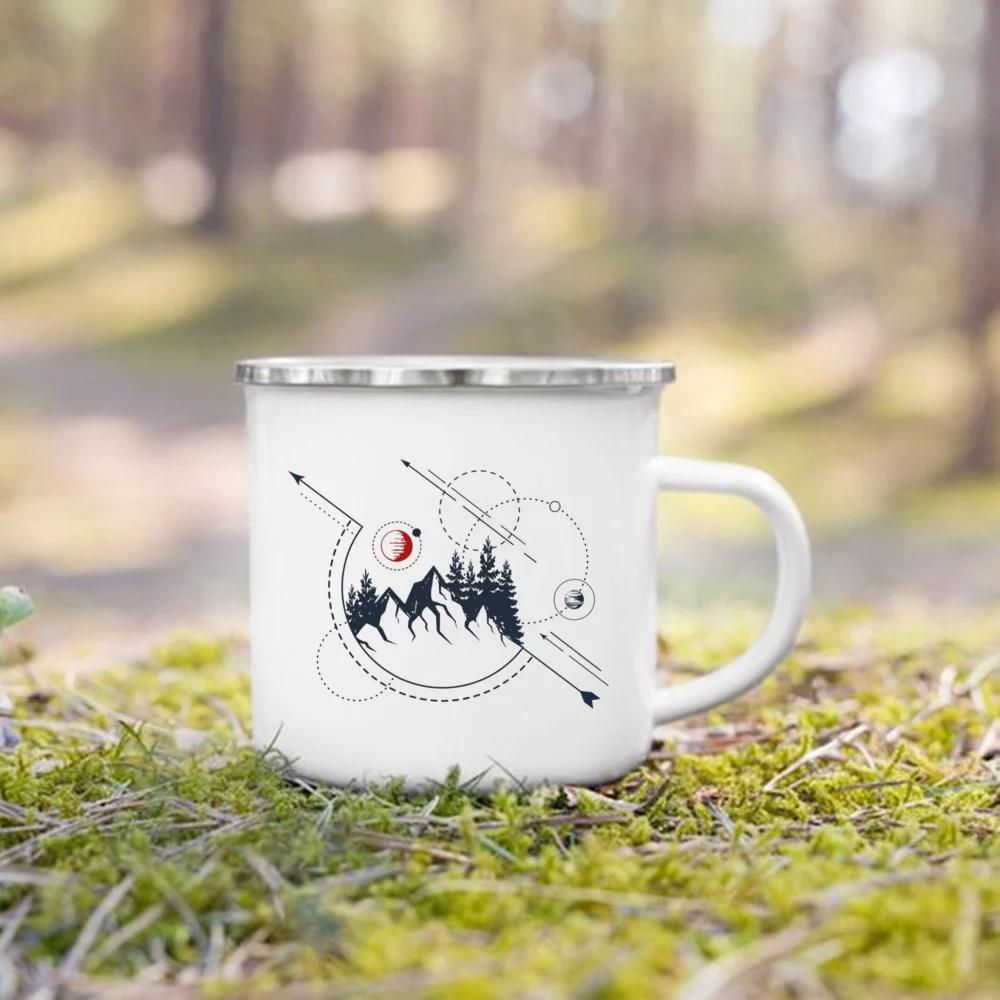 Кружки для кемпинга с принтом «Гора» Кружки для вечеринок у костра Пивные и соковые эмалированные кружки с ручкой «Гора» Кофейные чашки Идеи подарков для кемперов