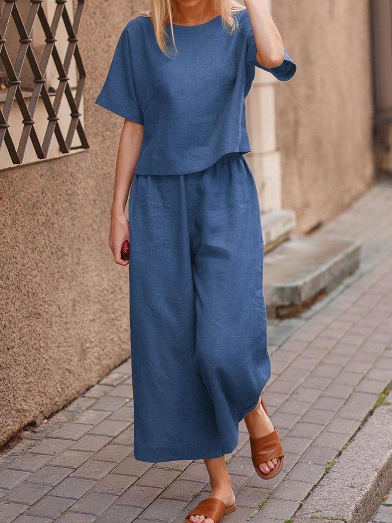 2023 International Solid Color Short-Sleeve Two-Piece Suit - Women's Elegant Commuting Outfit