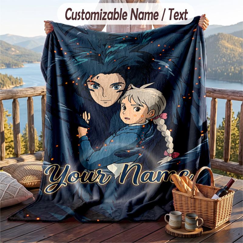 Custom Text Flannel Throw Blanket, Lightweight Cozy Bed Sofa BlanketHowl's Moving Castle