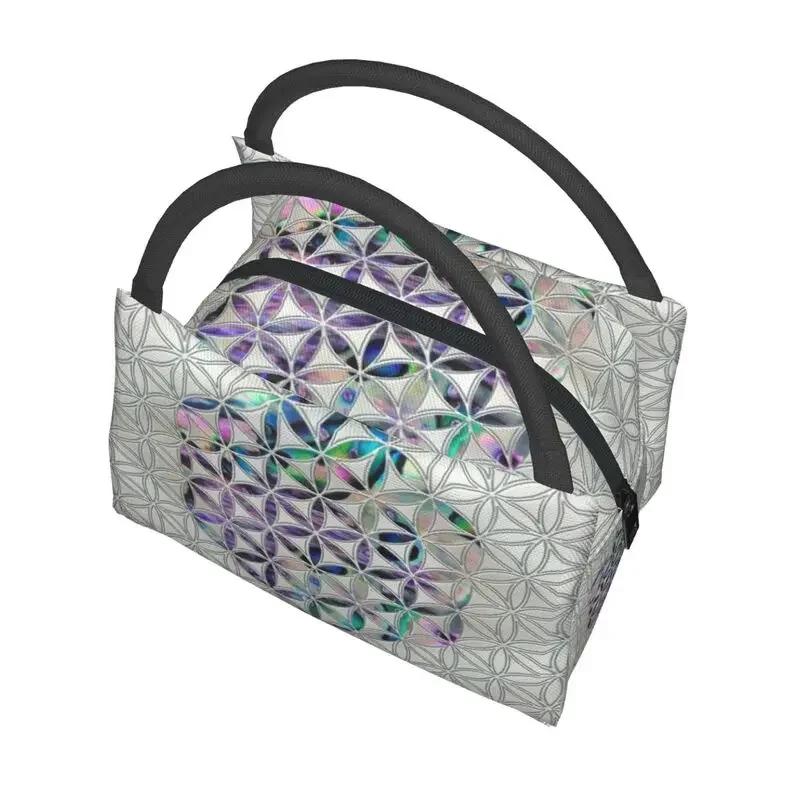 Цветок Жизни Раковина Абалона на Жемчужине Изолированная Сумка-тоут для ланча для женщин Геометрическая Мандала Портативный Охладитель Термальная Коробка для Бенто