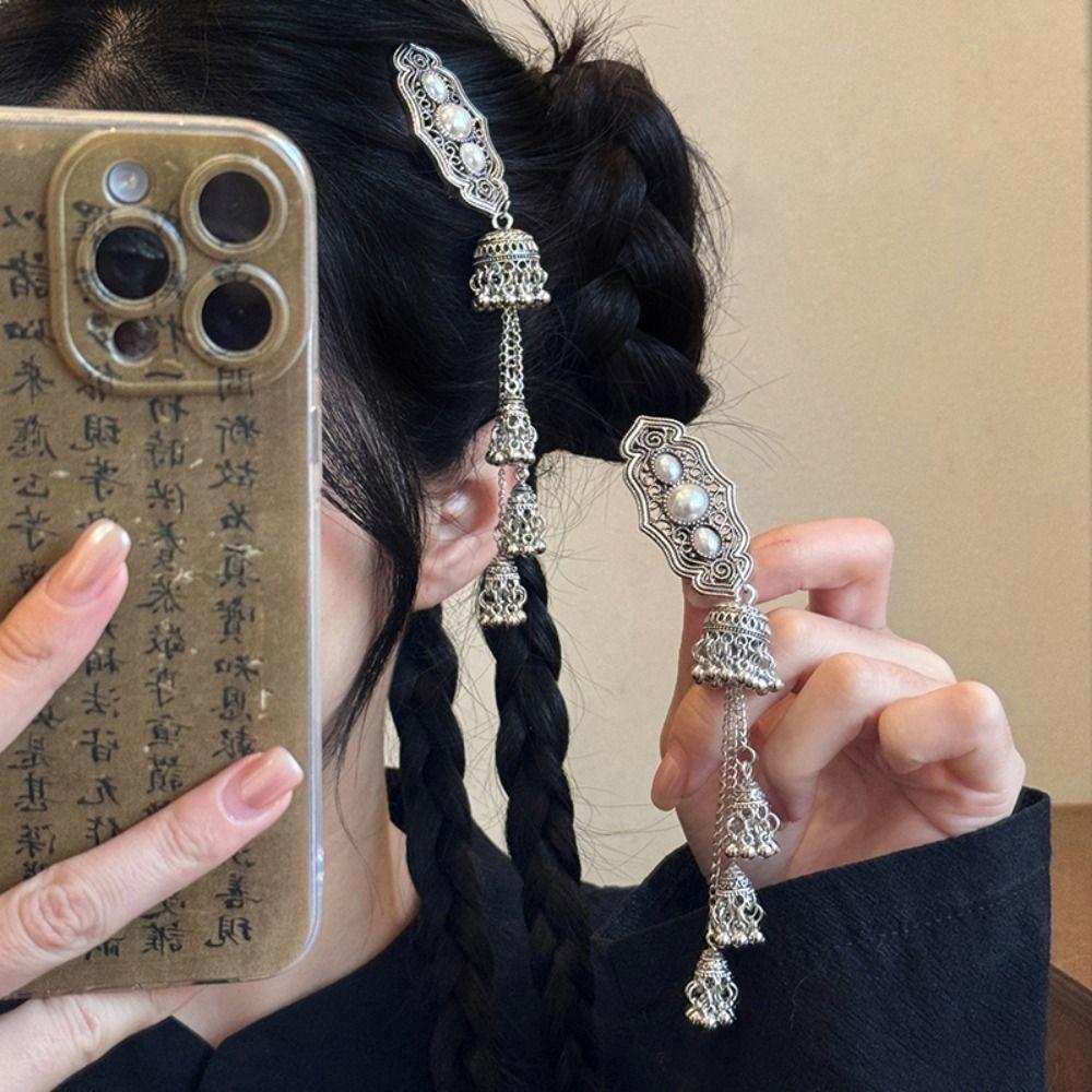 Crystal Turquoise Tassel Bell Hair Clip Vintage Chinese Style Hair Accessories Bride