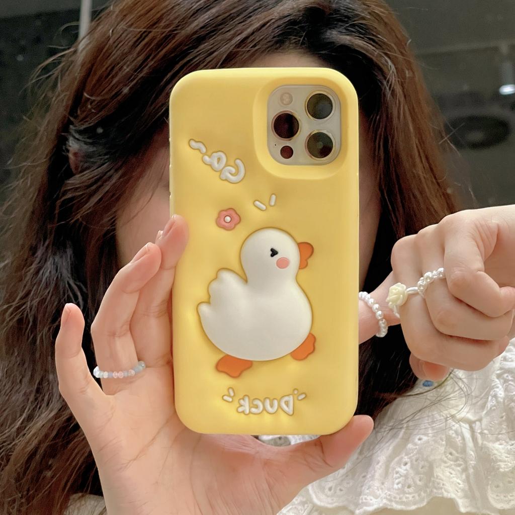 For iPhone 16 Pro Max Silicone Case Cute Expanding Duck Design Shockproof Phone Back Cover