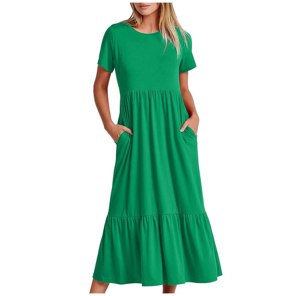 Women's Summer Casual Short Sleeve Crewneck Swing Dress Flowy Tiered Maxi Beach Dress With Pockets