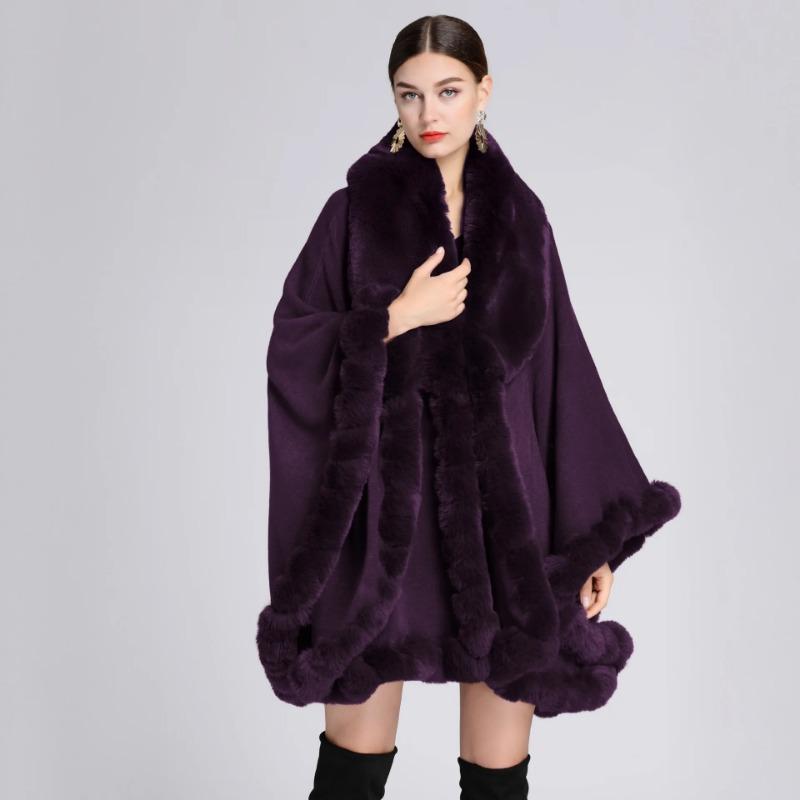 Oversize Winter Big Faux Fox Fur Neck Plus Size Poncho Out Streetwear Women Cloak Pashmina Batwing Sleeves Shawl Coat