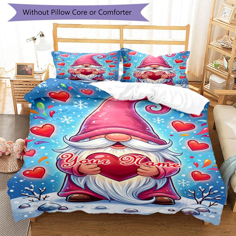 3PC Custom Name Gnome Heart Snow Bedding Set Duvet Cover Closure Includes 1 Duvet Cover & 2 Pillowcases for Bedroom