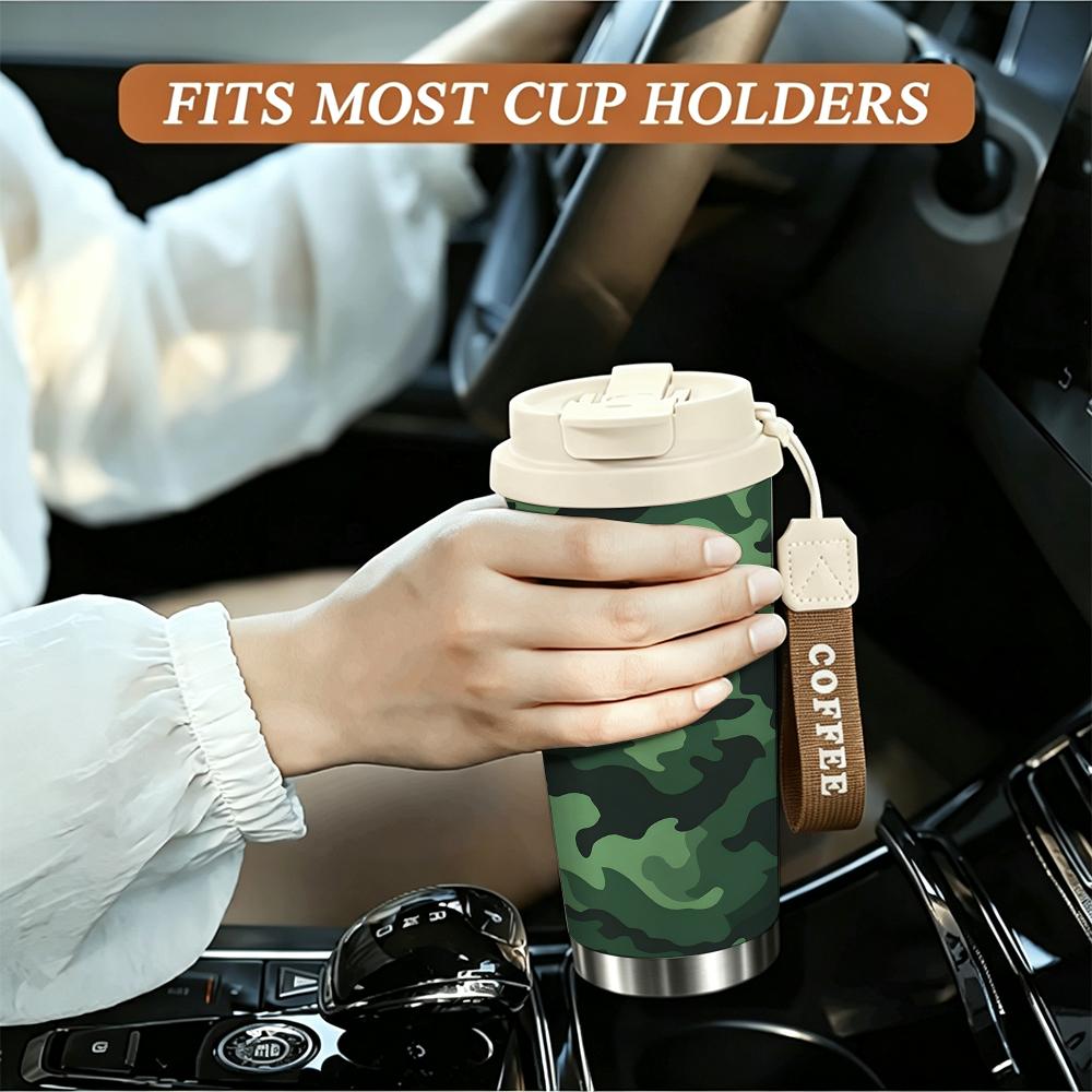 Green Camouflage Pattern Style Insulated Coffee Tumbler Vacuum Thermal Cup Leakproof Travel Mug for Hiking Camping Office