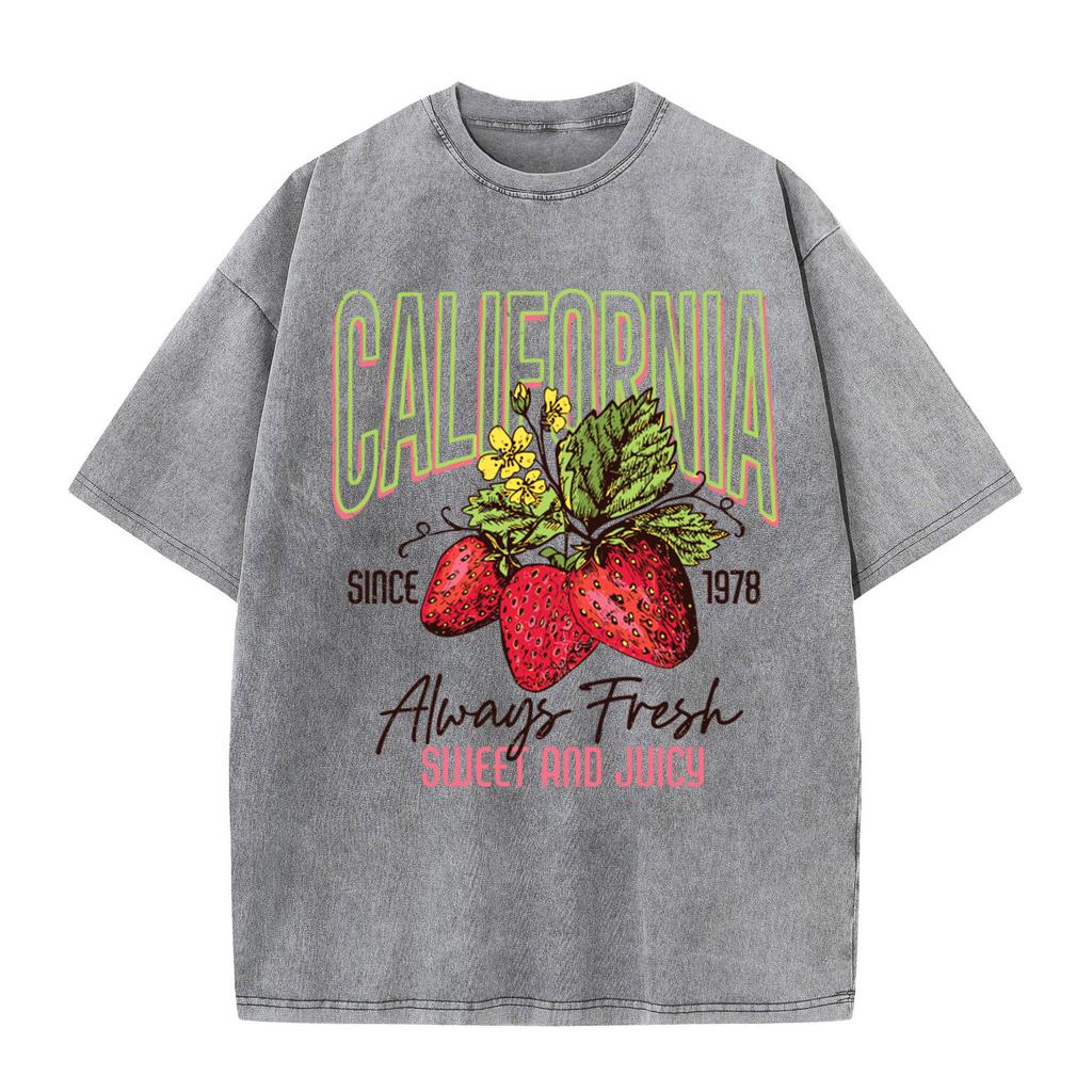 Womans Cotton Washed T-Shirts All-Math O-Neck Distressed Short Sleeve California Strawberries Print Tops Summer Female Clothes