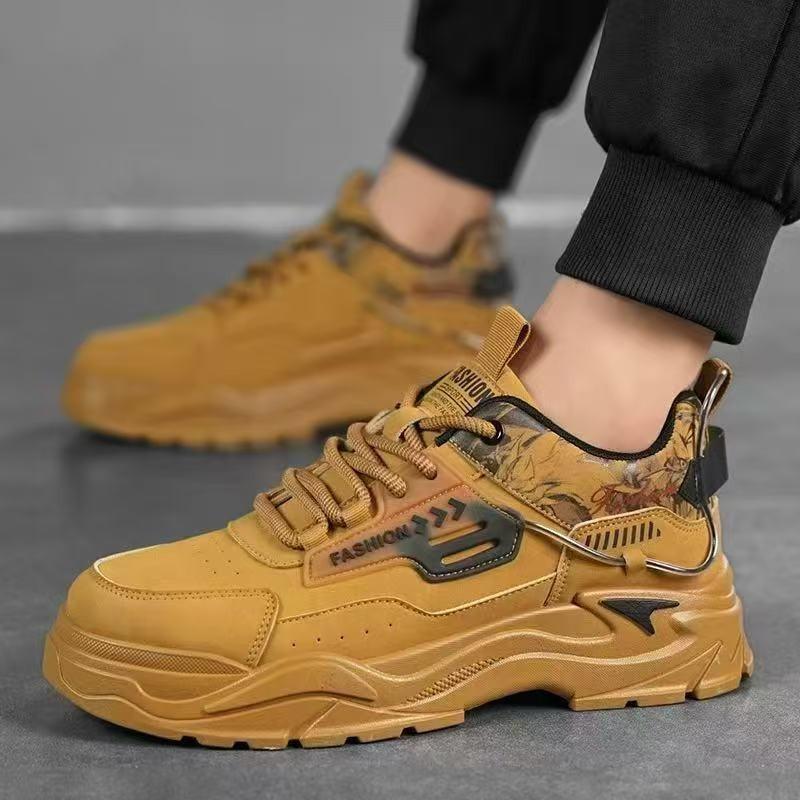 Новая мужская спортивная одинарная обувь, кожаный верх, повседневные кеды, молодые и молодые, толстая подошва, увеличивающая рост, нескользящая, рабочая обувь, желтая, для улицы