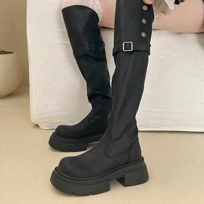 Длинные сапоги новые осенние тонкие рыцарские сапоги маленький человек высокий толстая подошва выше колена ретро два способа ношения сапоги женские