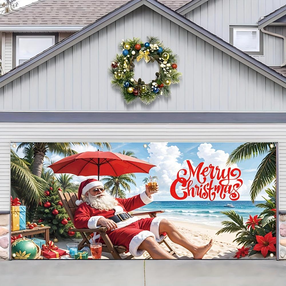1 piece, Fun Santa Claus Christmas Garage Door Banner on the Beach - Bright Festival Decoration