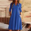 Summer V-neck Solid Color Cotton Linen Pocket Mid Sleeve Dress
