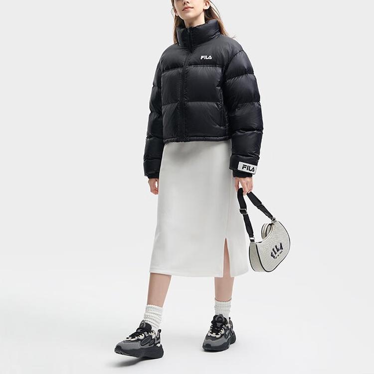 Fila Однотонная куртка пуховик с логотипом на молнии, воротником-стойкой и длинными рукавами, женская верхняя одежда, черная F51W349901F-BK