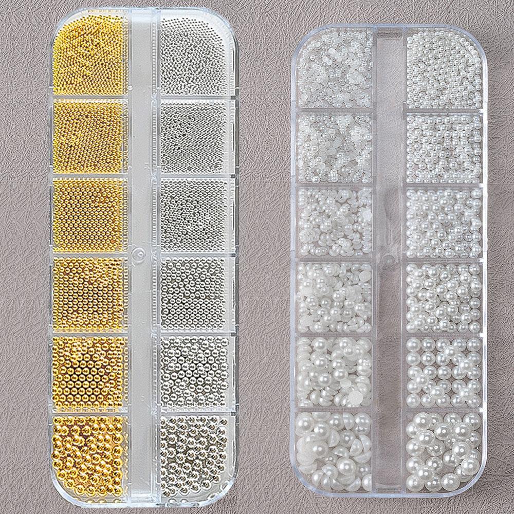 About 3000 Pcs Pearl+steel Balls Set Nail Charm White Half Round Pearl 1/1.2mm Steel Ball DIY Fairy Nail Art Jewelry Accessories