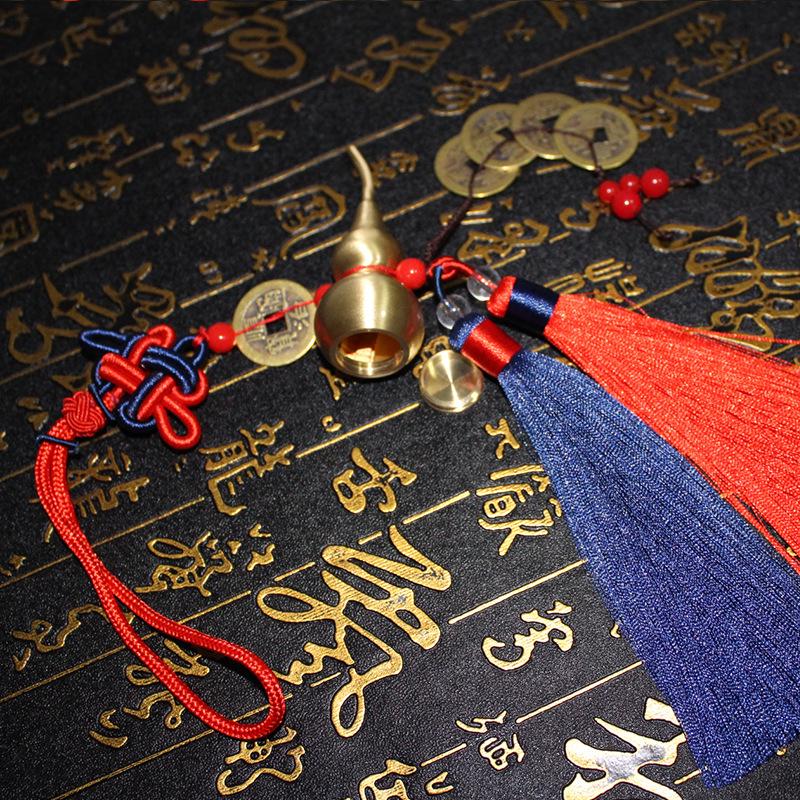 Retro Brass Gourd Car Pendant with Five Emperors Coins - Pure Copper Ornament for Storing Sutras