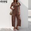 Women's Fashion Casual Summer Spring Solid Color Print Short Sleeve V-Neck High Waist Trousers Jumpsuits & Rompers