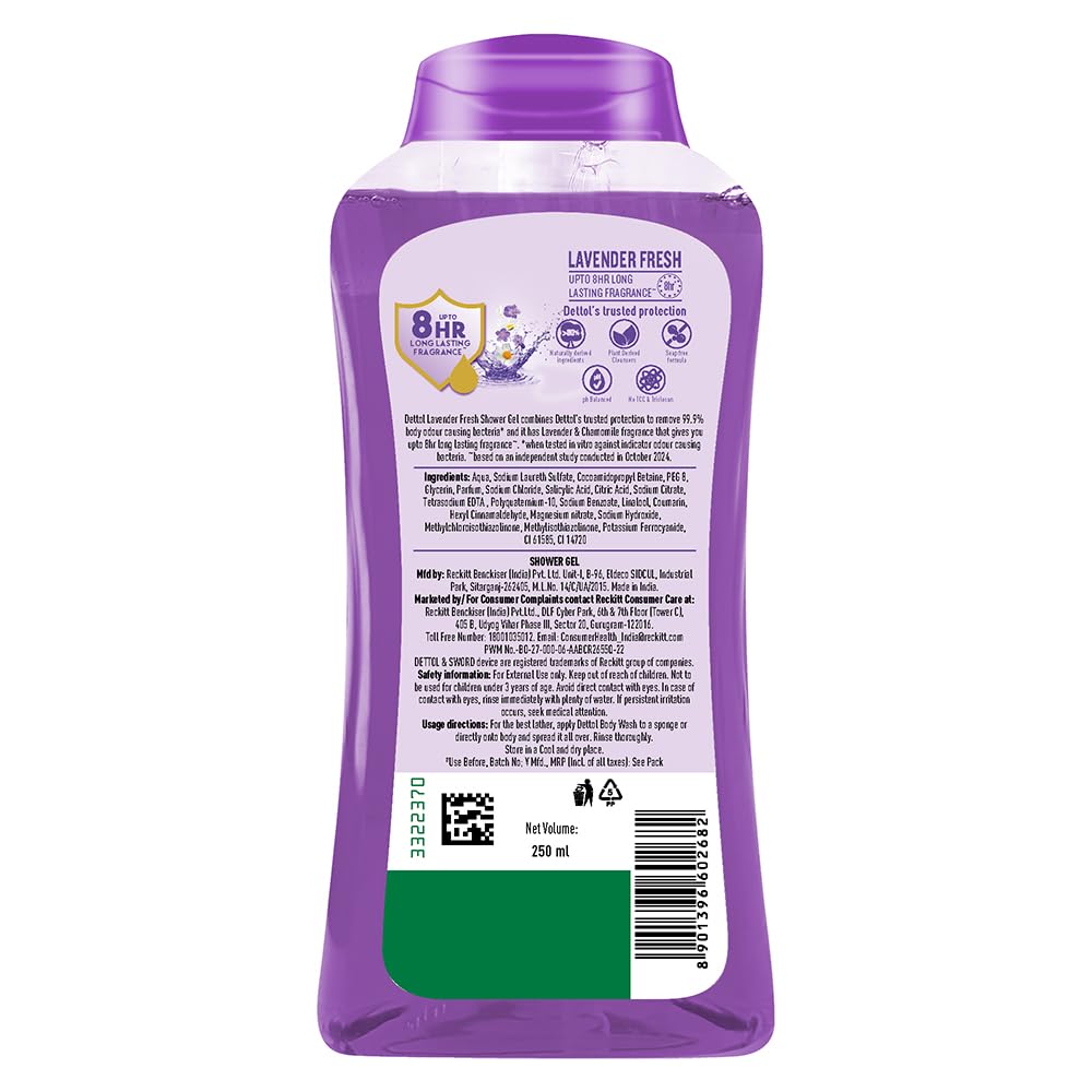 Dettol Гель для душа для женщин и мужчин, Лаванда Фреш - 250 мл | | 8-часовой стойкий аромат