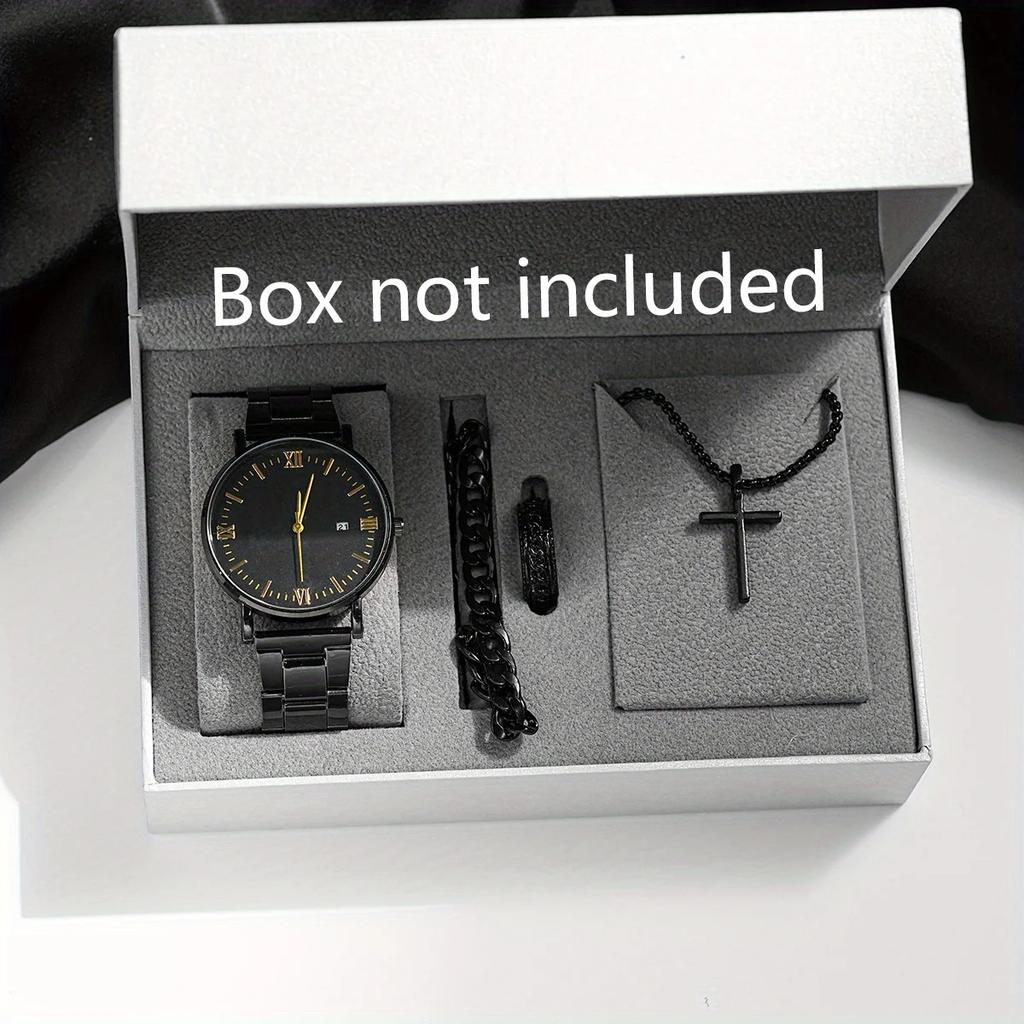 4pcs-Trendy Cross Hip Hop Jewelry Chain Ring Bracelet Necklace Three Piece Set+Casual Quartz Watch, Ring Bracelet Necklace Watch