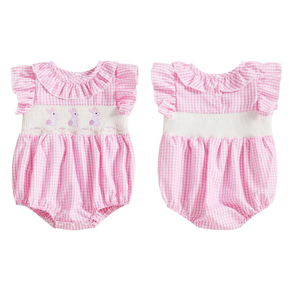 Baby Girl Easter Romper Short Sleeve Ruffle Collar Bunny Embroidery Smocked Bodysuit Newborn Outfit