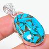 Copper Blue Turquoise 925 Sterling Silver Jewelry Pendant 1.81" O7w93