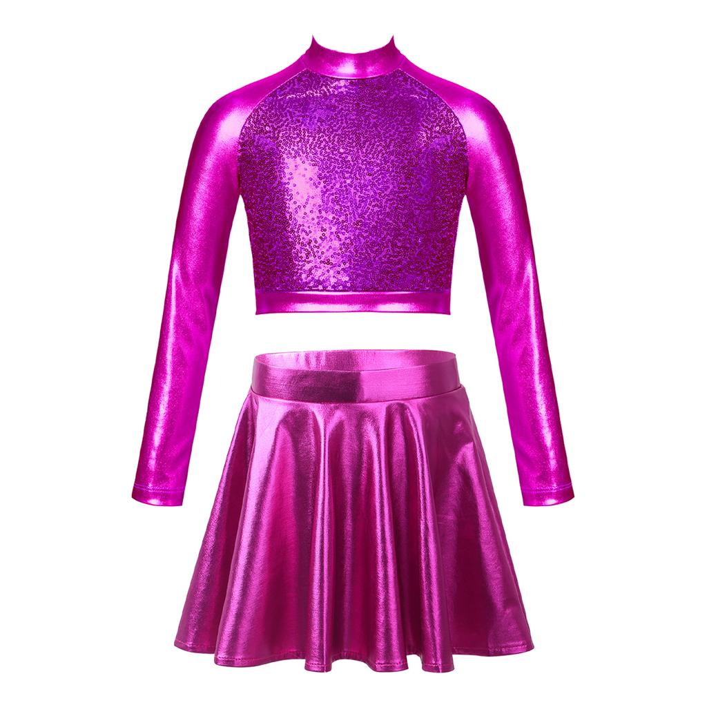 Girls Glossy Metallic Dance Set Long Sleeve Sequin Crop Top and Short Skirt Figure Skating Costume