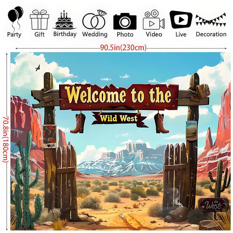 1 Wild West Welcome Polyester background - cowboy boots and cactus desert scenes, suitable for Western parties, birthdays