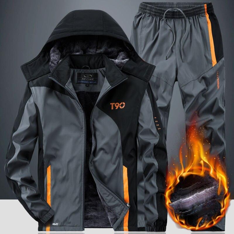 Мужской зимний теплый костюм больших размеров с цветными блоками, куртка с капюшоном + водонепроницаемые теплые брюки, комплект из двух предметов