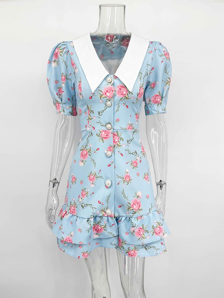 Летнее платье с принтом, пышными рукавами и оборками, женское платье мини с V-образным вырезом, высокой талией и жемчужными пуговицами, женское повседневное модное платье для отпуска