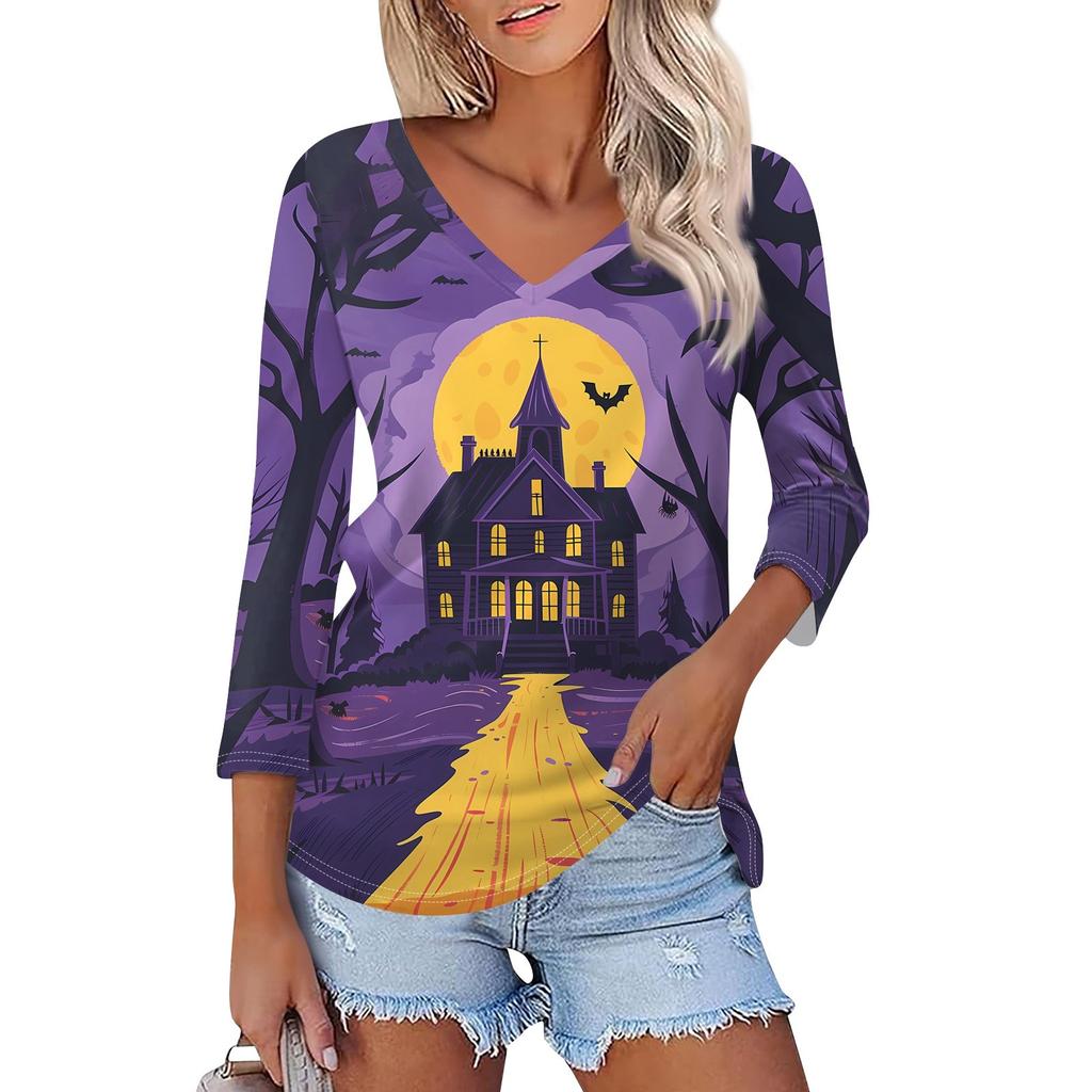 Shirt For Women's Fashion Casual V Neck 3/4 Sleeve Loose Halloween Printed T-Shirt Ladies Top