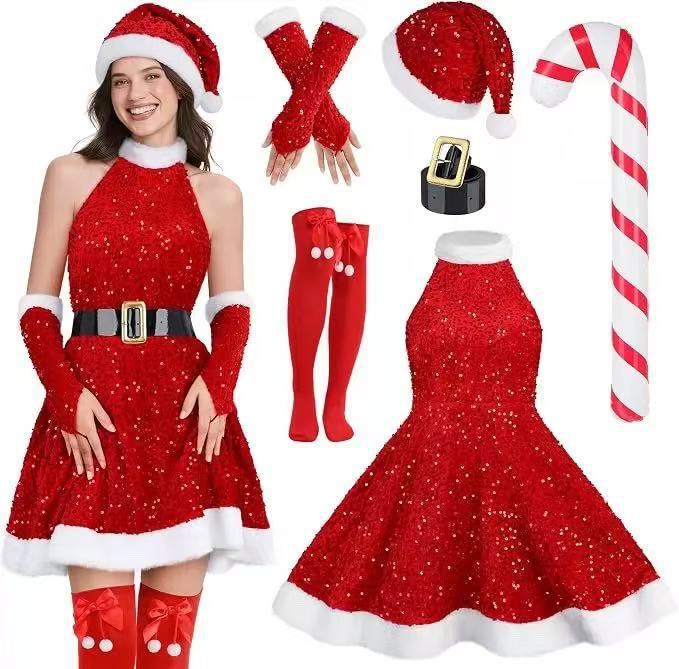 Women's Christmas Elf Sequin Dress Set with Hat