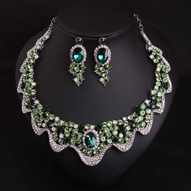 Green Crystal Diamond Short Clavicle Necklace Earrings Set Dress Dinner Banquet Bridal Women's Jewelry