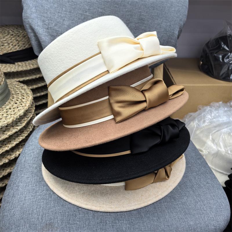 New woolen bow Hepburn style top hat female elegant flat top bucket hat French retro basin hat big eaves hat