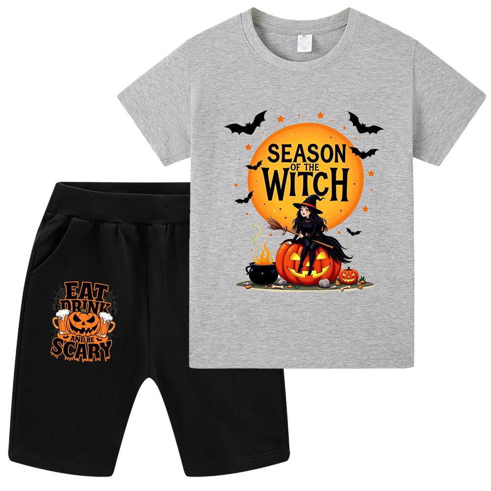 WA1650 Multi-color Kids Boys Girls Halloween Bat Ghost Print Short Sleeves T-shirt Shorts Sets
