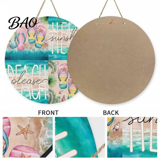 Natural Hemp Rope Sign Round Wooden Door Hanger, Watercolor Beach Welcome Sign, Hello Sunshine Farmhouse Porch Please Wall Plaque for Summer