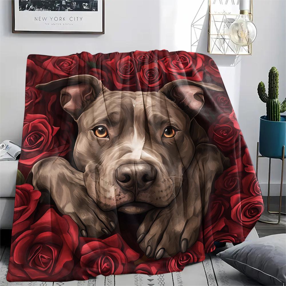 Pitbull and roses,pattern Flannel Blanket, High quality Comfortable for All Seasons, Home Decor, Warmth and Comfort, Perfect for Gifts.