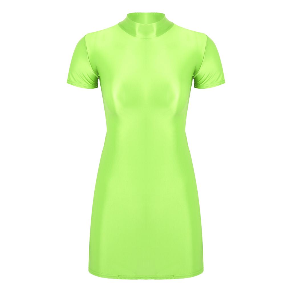 Womens Bodycon Mini Dress Glossy Fabric Mock Neck Short Sleeve Clubwear