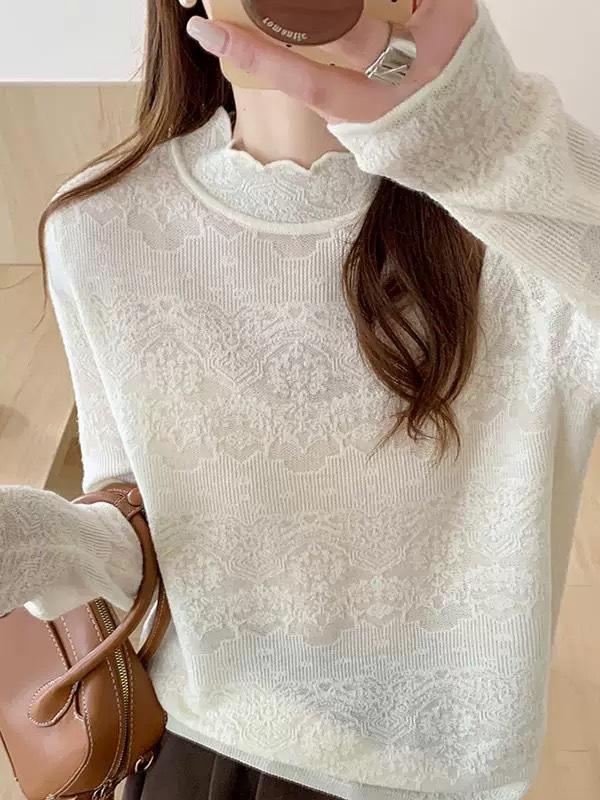 Кружевной трикотажный базовый топ с полувысоким воротником для женщин, осенне-зимний новый универсальный свитер, жаккардовый топ для женщин