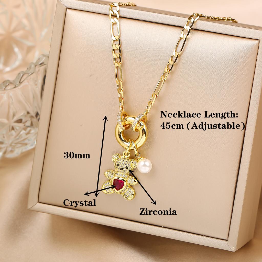 Sparkling Crystal Zirconia Animal Cute Bear Pendant Necklace Classic for Woman Girl Holiday Clavicle Chain Jewelry Casual Gifts