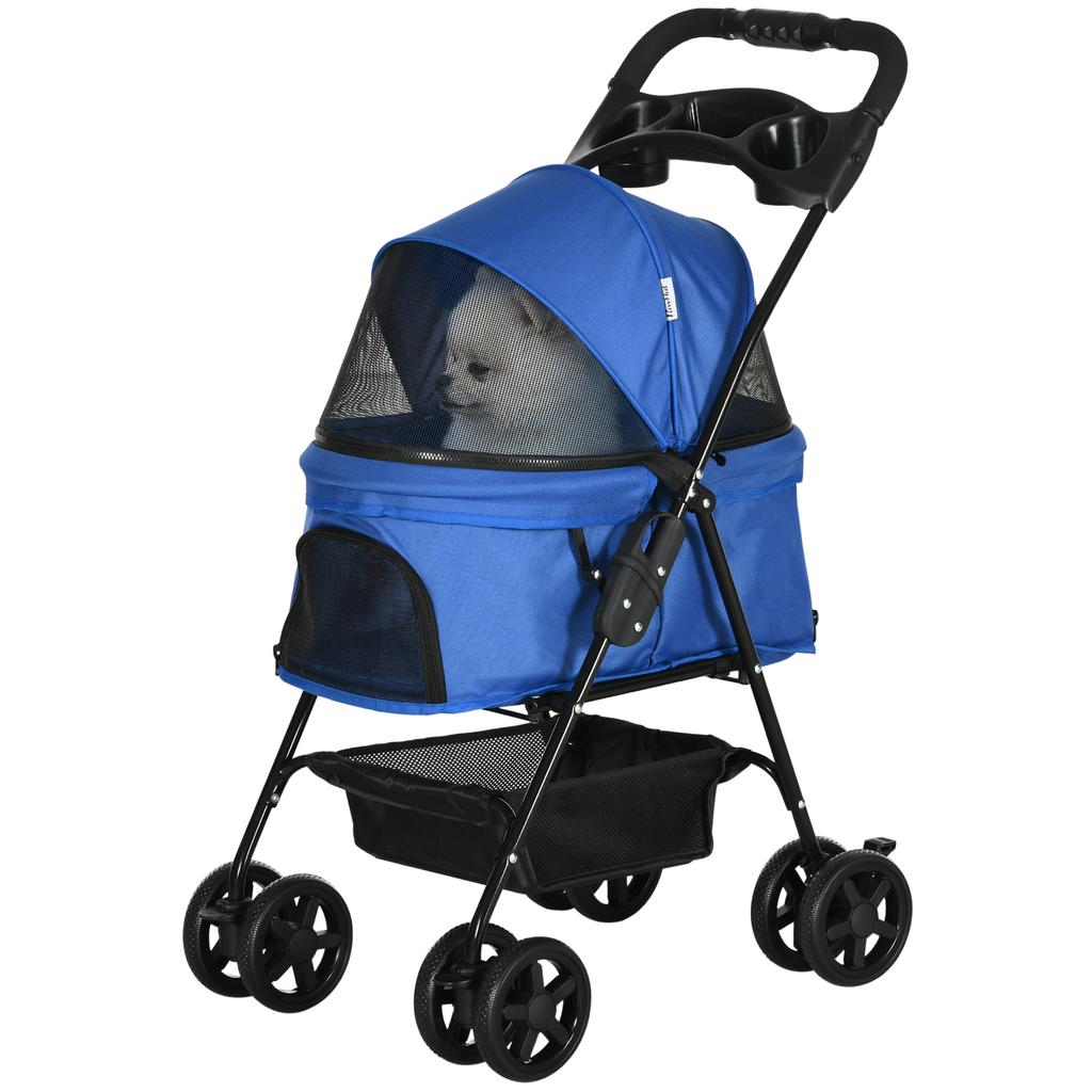 Dog Pram Dog Stroller Foldable Pet Pushchair with 4 Wheels, Safety Leashes, Cup Holder for Small Dogs, Blue