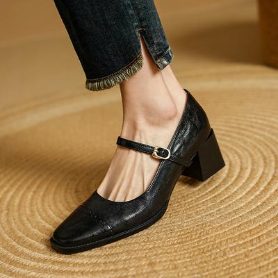 Мода 2025 Новые женские туфли из коровьей кожи на массивном каблуке, ретро туфли Мэри Джейн, туфли-лодочки с мелким круглым носком, ремешок на щиколотке, женская офисная обувь