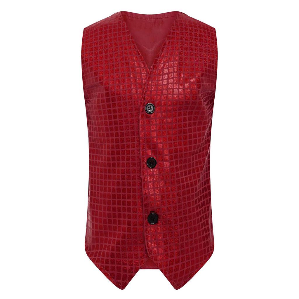 Boys Girls Dance Stage Performance Costume V Neck Sleeveless Asymmetrical Hem Button Metallic Plaid Vest