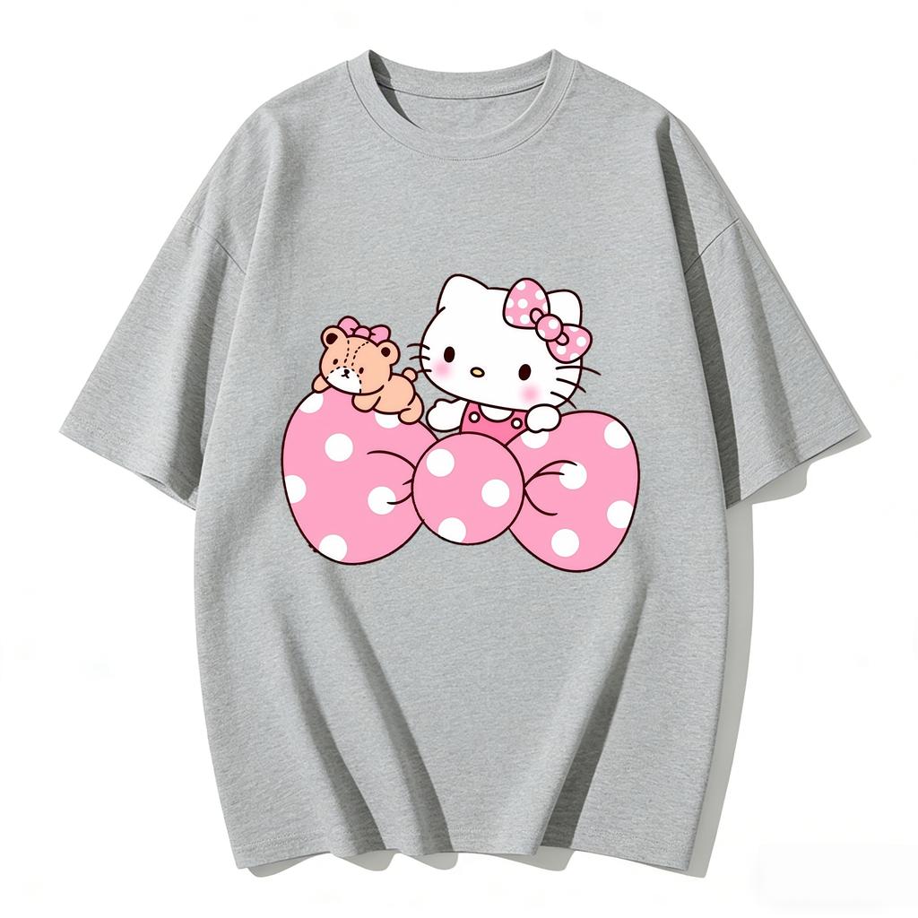2026 New Arrival Kawaii Hello Kitty Pink Big Bow Bear Print Couple T Shirts Casual Family Matching Outfits Parentchild Tees Y2k
