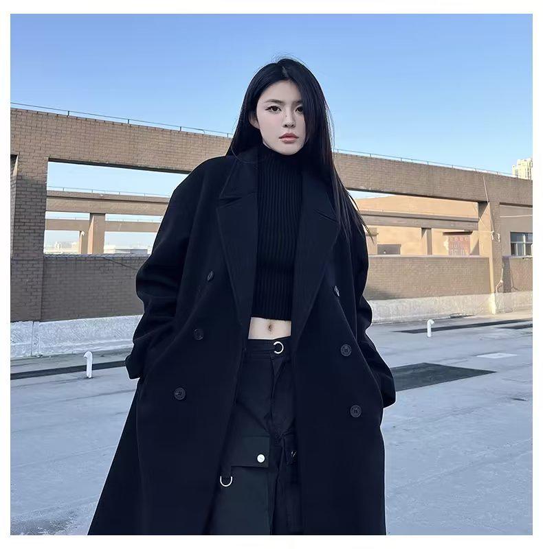 Мужское шерстяное пальто средней длины черного цвета - Утепленный тренч в корейском стиле для осени и зимы