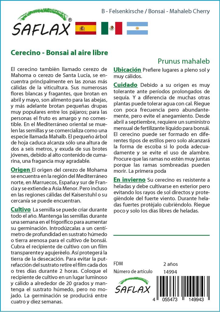 SAFLAX Garden in the Bag - Бонсай - Махалебская вишня - 30 семян - С субстратом в подходящем пакете-стойке - Prunus mahaleb