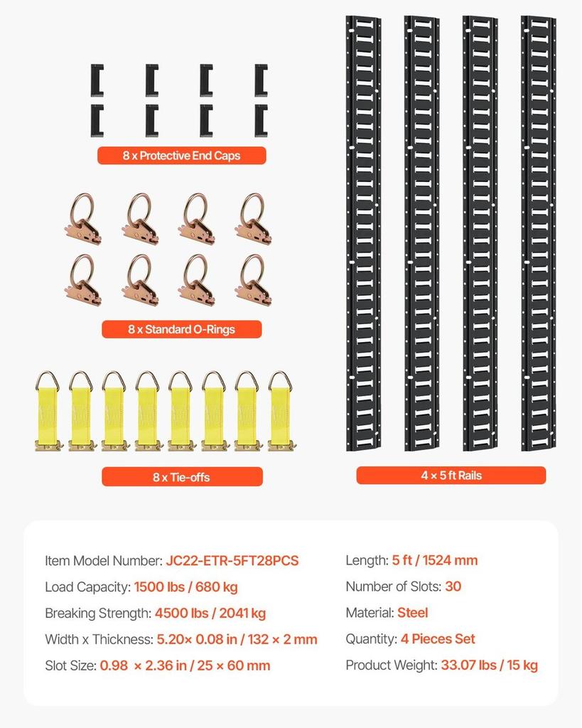 E Track Tie-Down Rail Kit, 30PCS 5FT E-Tracks Set Includes 4 Steel Rails & 2 Single Slot & 8 O Rings & 8 Tie-Offs w/ D-Ring & 8 End Caps, Securing