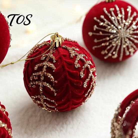 Festive Burgundy Party Supplies Velvet Christmas Ball Ornaments, 3.15 Inch Glitter Flocked Tree Ornaments Decoration, Plastic Shatterproof Hanging