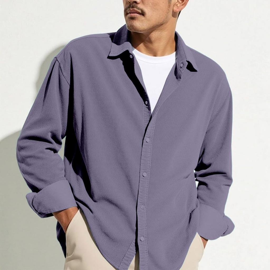 Men's Casual -color Lightweight Breathable Corduroy Button-down Shirt - Men's Stylish Loose-fitting Long-sleeved Shirt