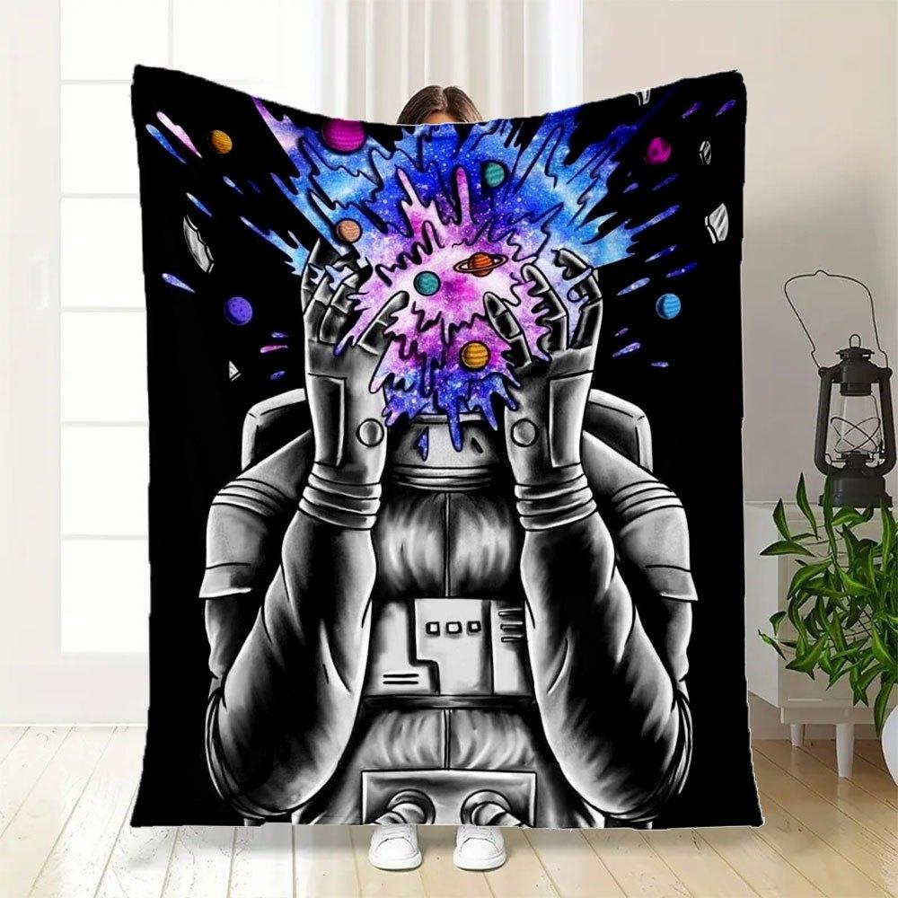 "Galactic Dreams: Astronaut with Cosmic Splash T-Shirt"Blanket Flannel Throw Blanket for Sofa, Bed, Travel, Camping, Office, Couch, Chair, A